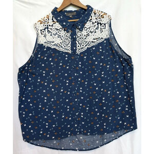 Umgee USA Womens Sleeveless Lace Bird Print Button Blouse Size 2XL Western Casua